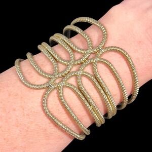 VTG 70s Twisted Wire Caged Hinged Cuff Bracelet Gold Tone Boho Glam Statement